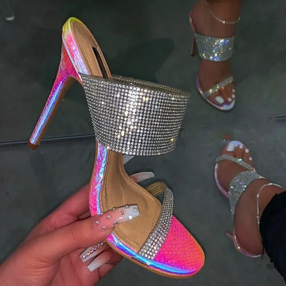 Arielle Rhinestone Double Strap Heels- Hologram Pink