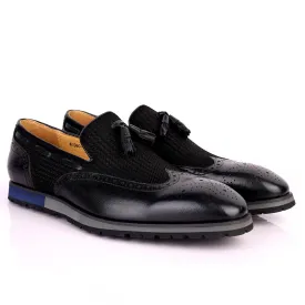 Berlut Brogue And Tassel Designed Black Leather Shoe