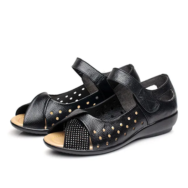 Large Size Peep Toe Hollow Rhinestones Hook Loop Flat Shoes