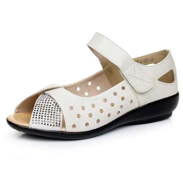 Large Size Peep Toe Hollow Rhinestones Hook Loop Flat Shoes