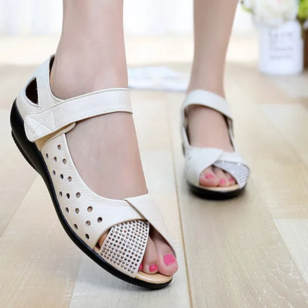 Large Size Peep Toe Hollow Rhinestones Hook Loop Flat Shoes