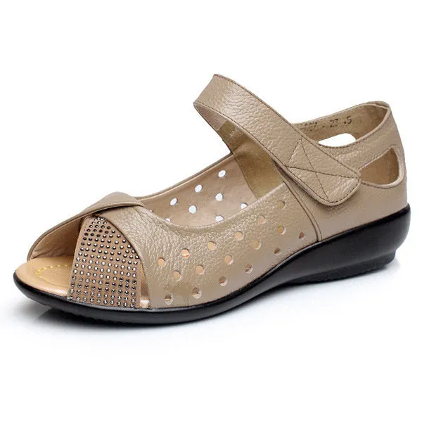Large Size Peep Toe Hollow Rhinestones Hook Loop Flat Shoes