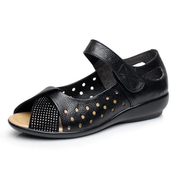 Large Size Peep Toe Hollow Rhinestones Hook Loop Flat Shoes