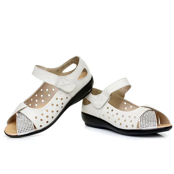 Large Size Peep Toe Hollow Rhinestones Hook Loop Flat Shoes