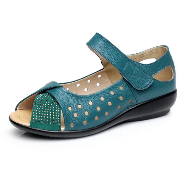 Large Size Peep Toe Hollow Rhinestones Hook Loop Flat Shoes