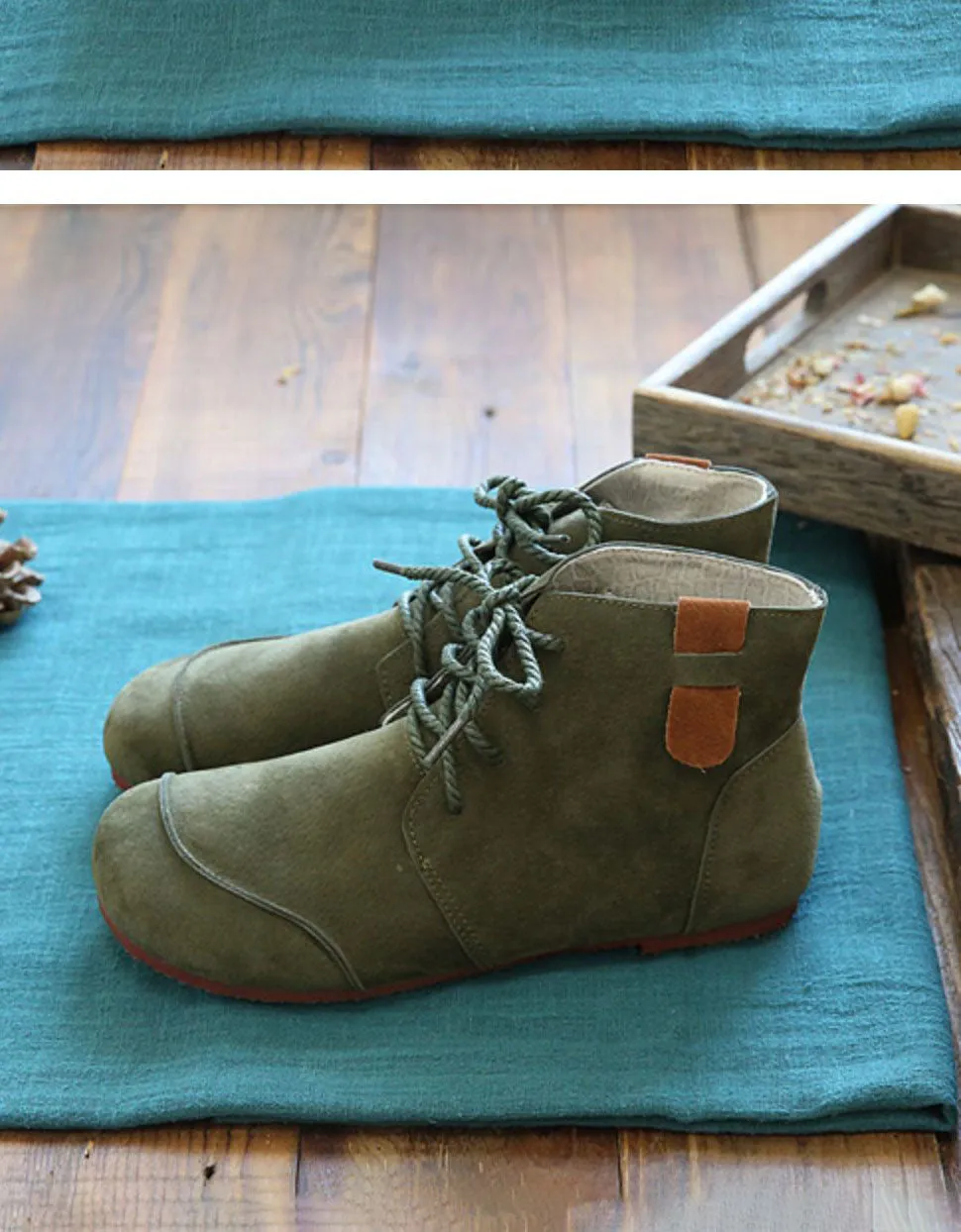 Suede Lace-up Round Toe Flat Ankle Boots