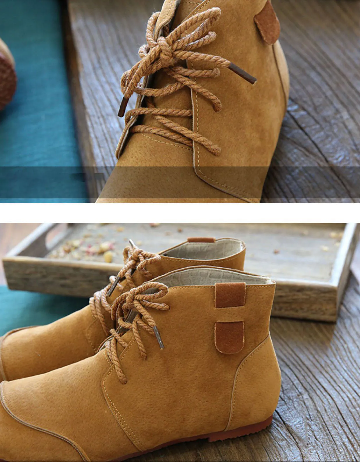 Suede Lace-up Round Toe Flat Ankle Boots