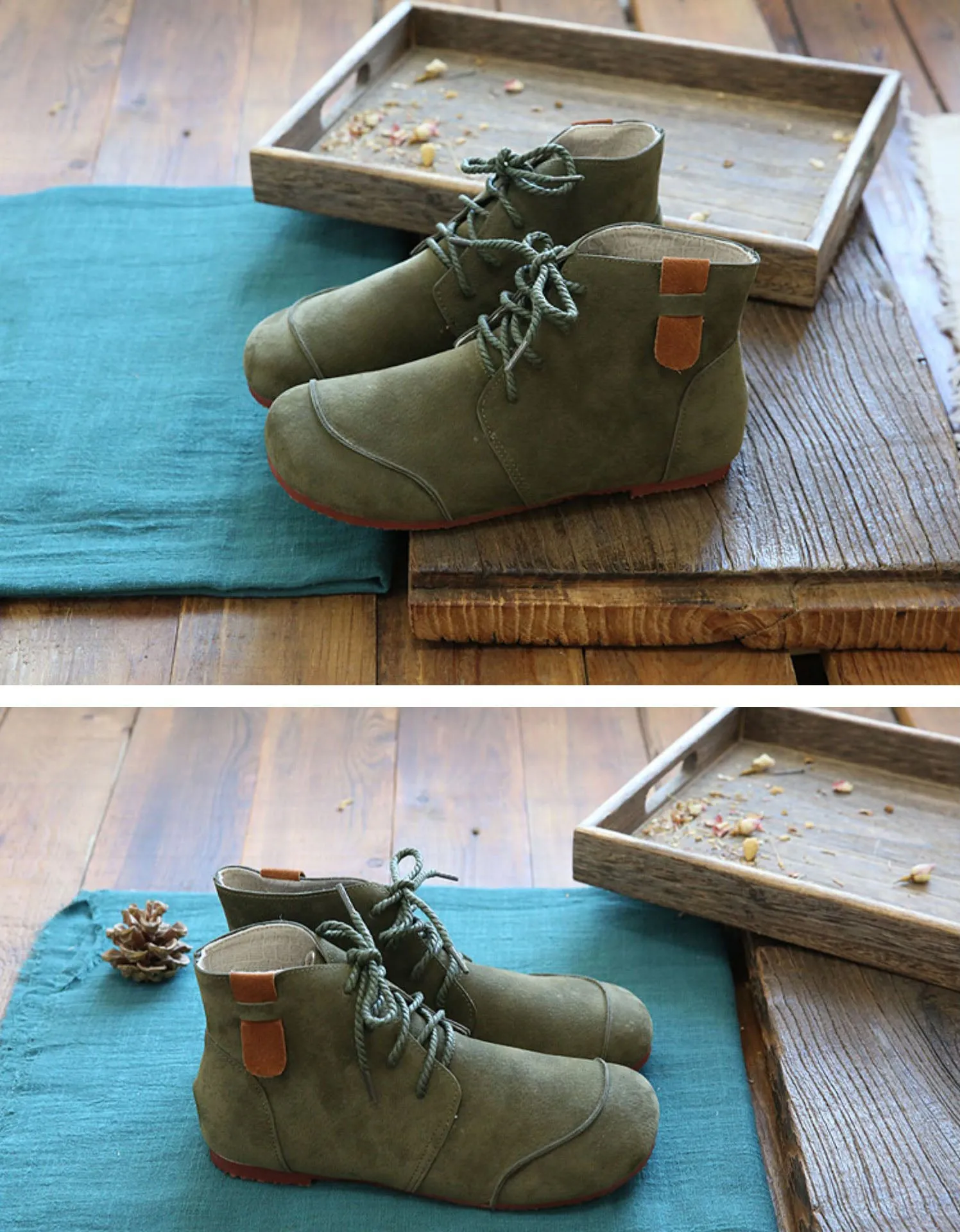Suede Lace-up Round Toe Flat Ankle Boots