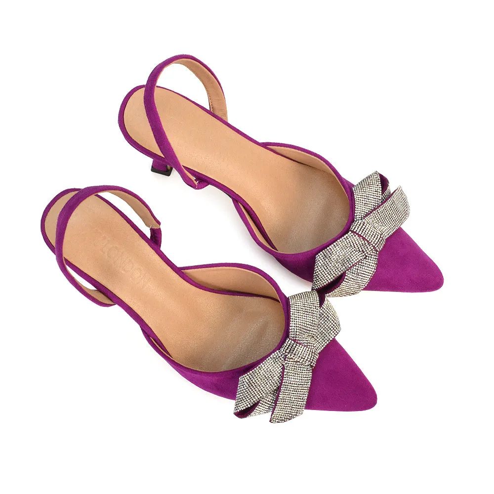 Victoria Diamante Bow Stiletto Slingback High Heel Shoes in Purple Faux Suede