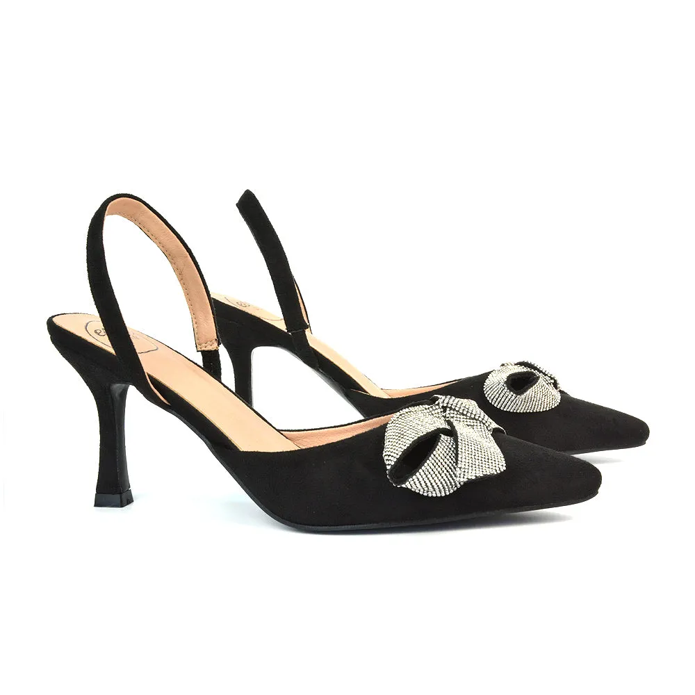 Victoria Diamante Bow Stiletto Slingback High Heel Shoes in Purple Faux Suede