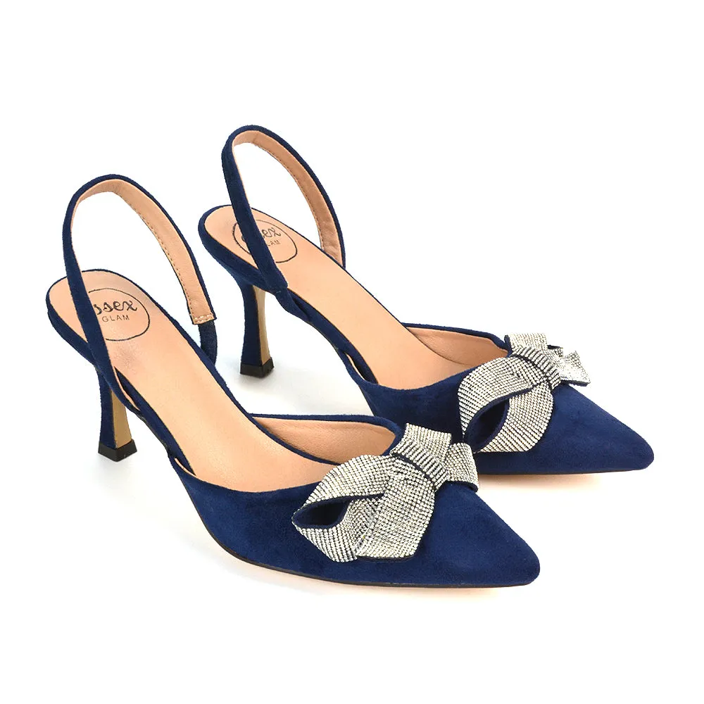 Victoria Diamante Bow Stiletto Slingback High Heel Shoes in Purple Faux Suede