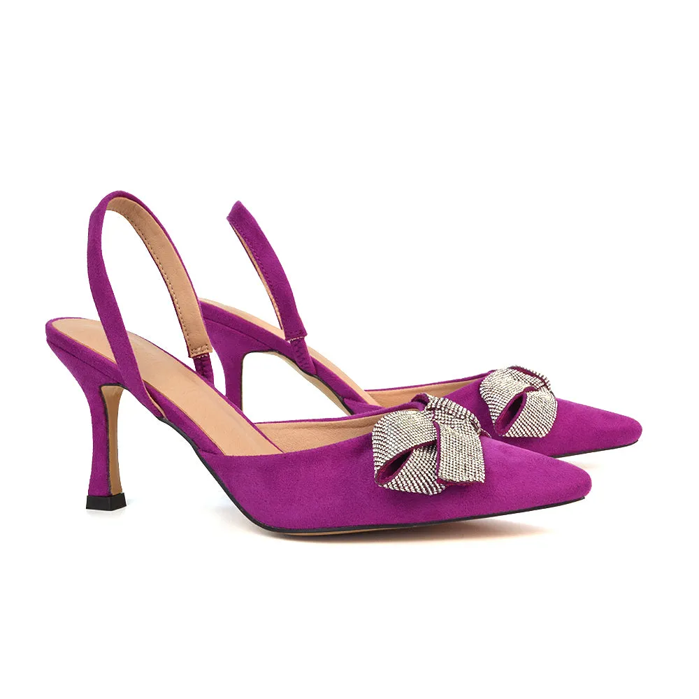 Victoria Diamante Bow Stiletto Slingback High Heel Shoes in Purple Faux Suede