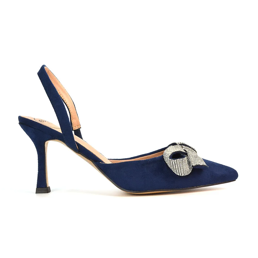 Victoria Diamante Bow Stiletto Slingback High Heel Shoes in Purple Faux Suede