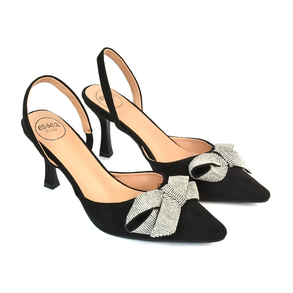 Victoria Diamante Bow Stiletto Slingback High Heel Shoes in Purple Faux Suede