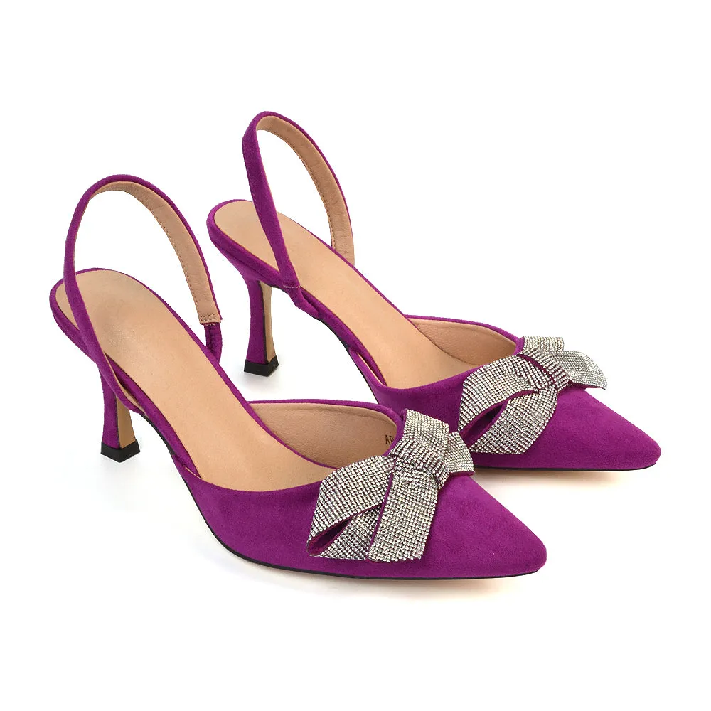 Victoria Diamante Bow Stiletto Slingback High Heel Shoes in Purple Faux Suede