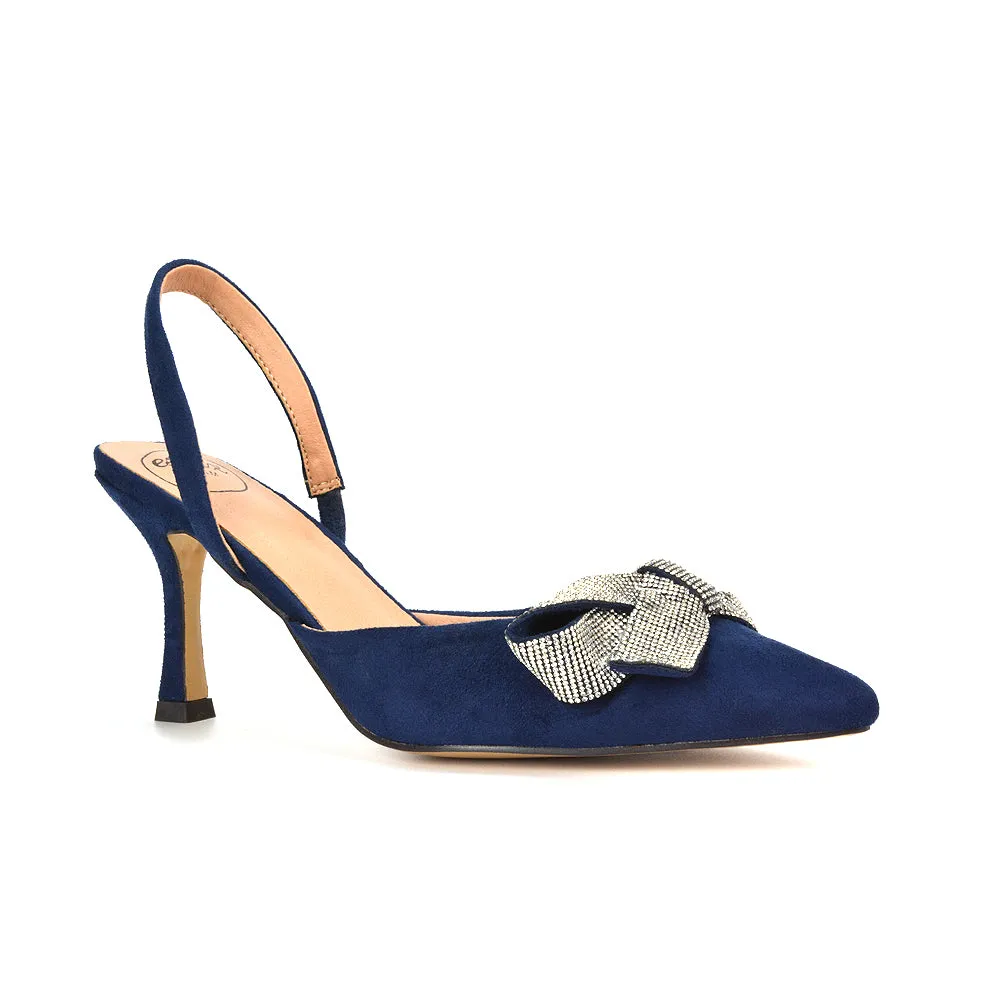 Victoria Diamante Bow Stiletto Slingback High Heel Shoes in Purple Faux Suede