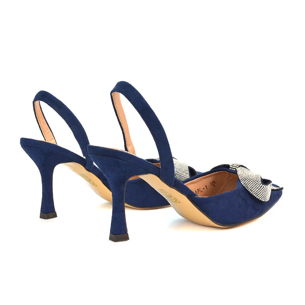 Victoria Diamante Bow Stiletto Slingback High Heel Shoes in Purple Faux Suede