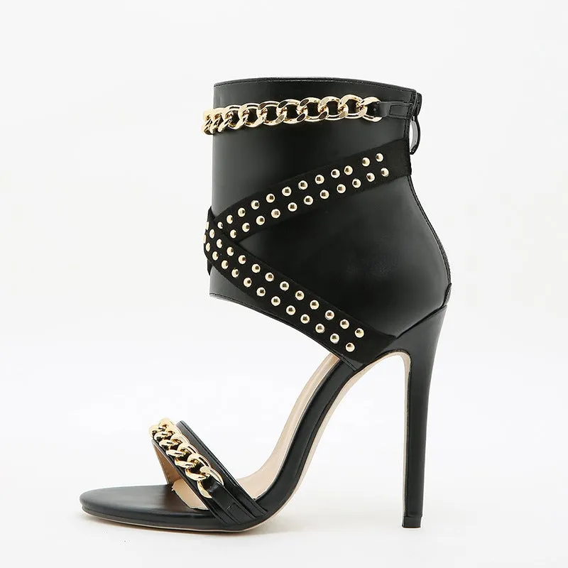 Women chain studded hollow back zipper stiletto high black heels