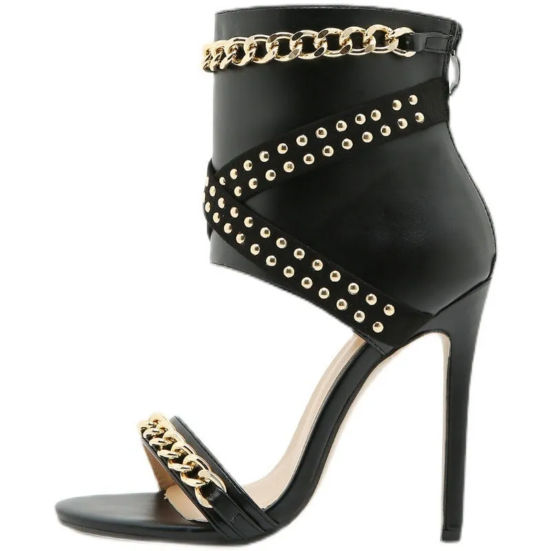 Women chain studded hollow back zipper stiletto high black heels